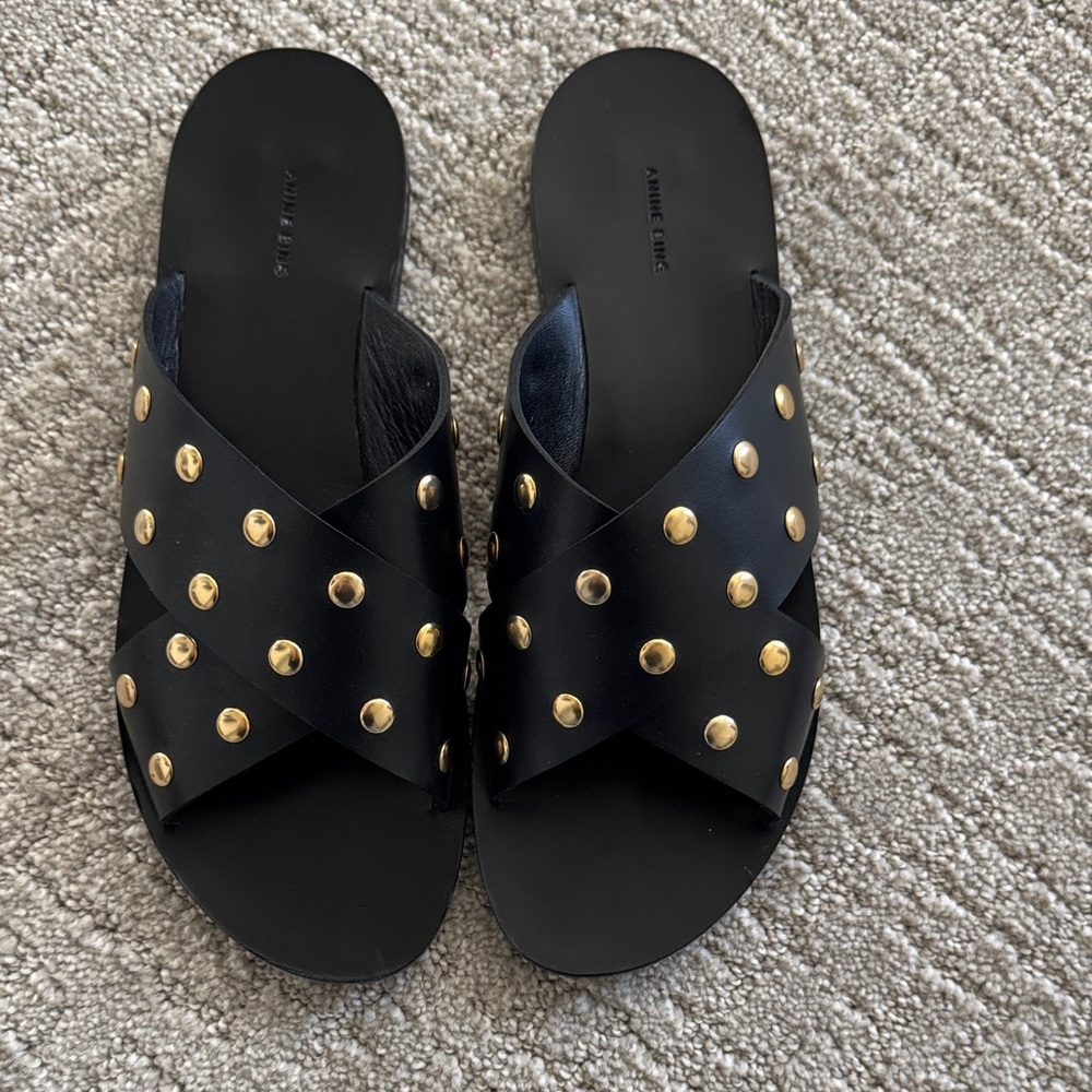 ANINE BING Black Leather Studded Slide Sandals | Gold Studs | EU 39 / US 8.5–9